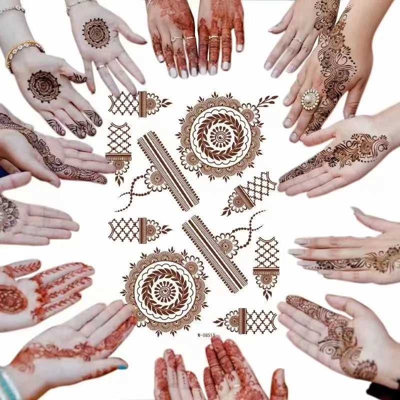 Waterproof Henna Tattoo Brown Henna Stickers for Hand Fake Tattoo for Women Body Art Temporary Hena Design Mehndi Stickers