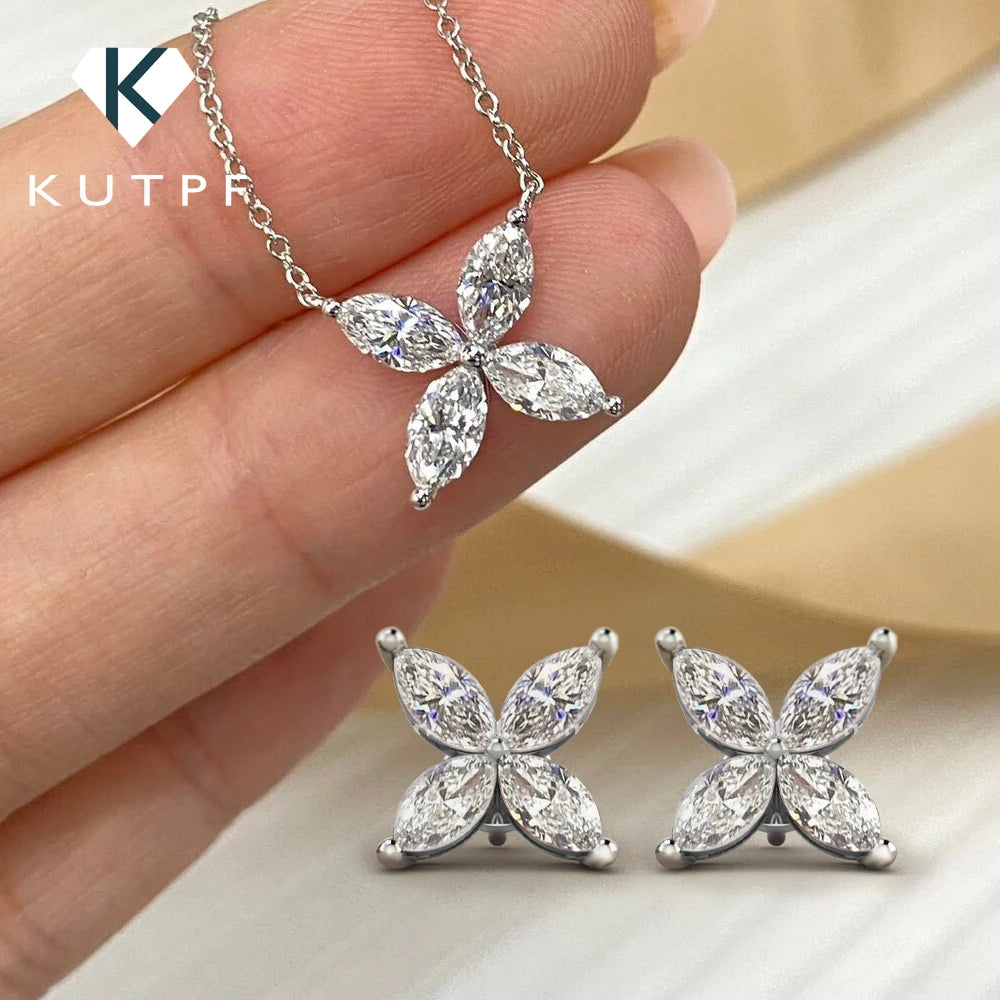 Butterfly Moissanite Jewelry Sets for Women 925 Silver Marquise Cut Diamond Pendant Necklace Stud Earrings with Certificates