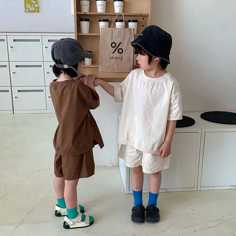 Summer Kids Clothes Set Boys Girls Simple Loose Cotton Short Sleeve Shorts Suit 2 PCS Children Outfit