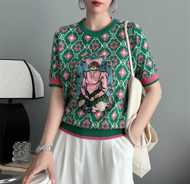 New Summer Women Knitted Sweater European Style Cartoon Pattern Fashion Jacquard Round Neck Short Sleeve Casual Jumpers Knitwear