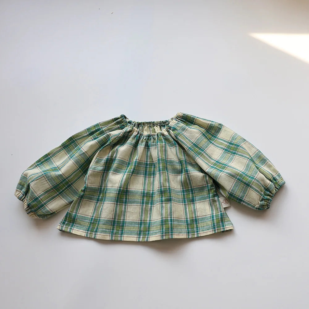 Summer Baby Clothes Set Vintage Style Green Big Plaid Baby Girl Suit Toddler Blouse and Bloomer 2 Pcs