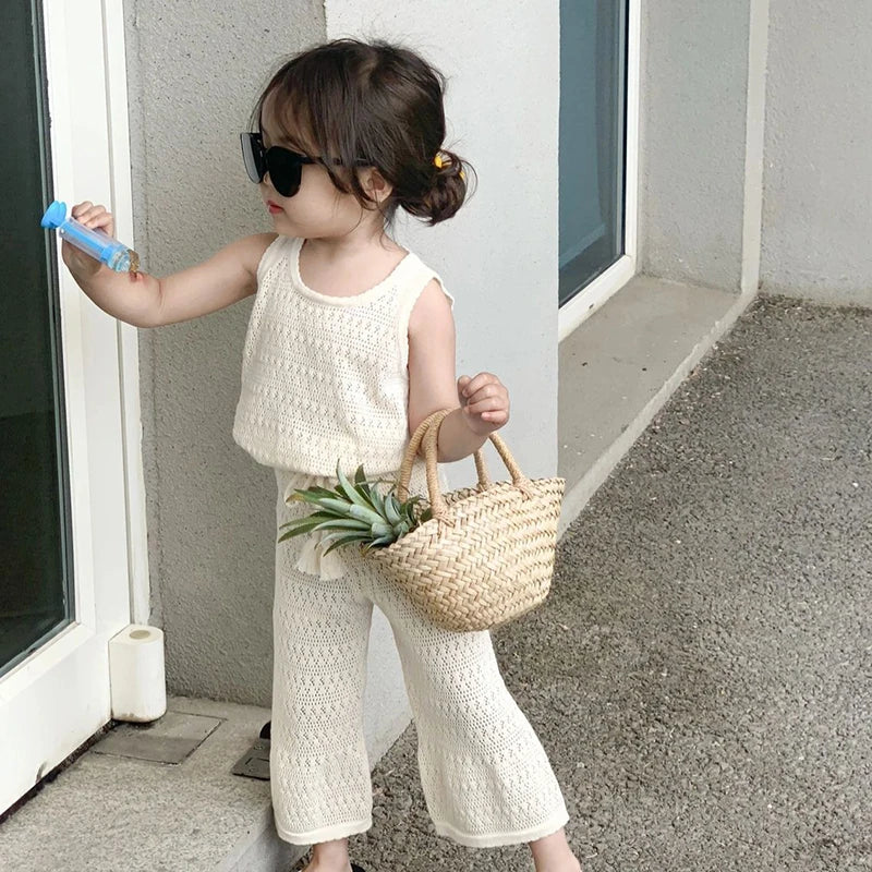 Summer Children Clothes Set Girls Knitted Vest Trousers 2Pcs Kids Outwear Suit