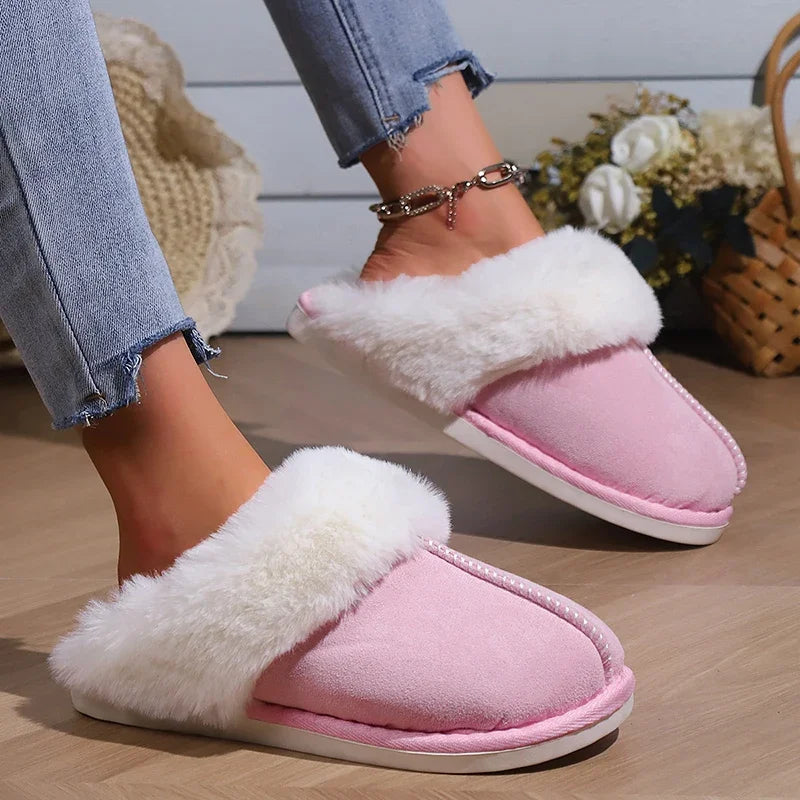 Lucyever 2023 Winter Fur Slippers Women Faux Suede Fluffy Furry Home Slides Woman Comfort Non Slip Indoor Floor Cotton Shoes 45