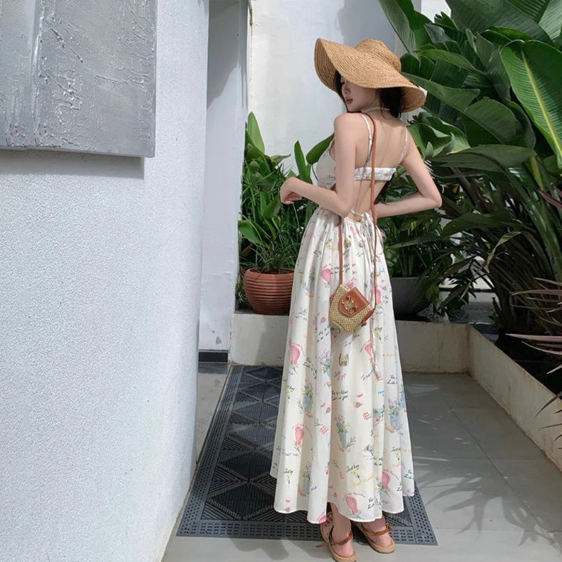 Floral Printed Backless Strap Sundress A Line Long Bohemian Holiday Beach Dress