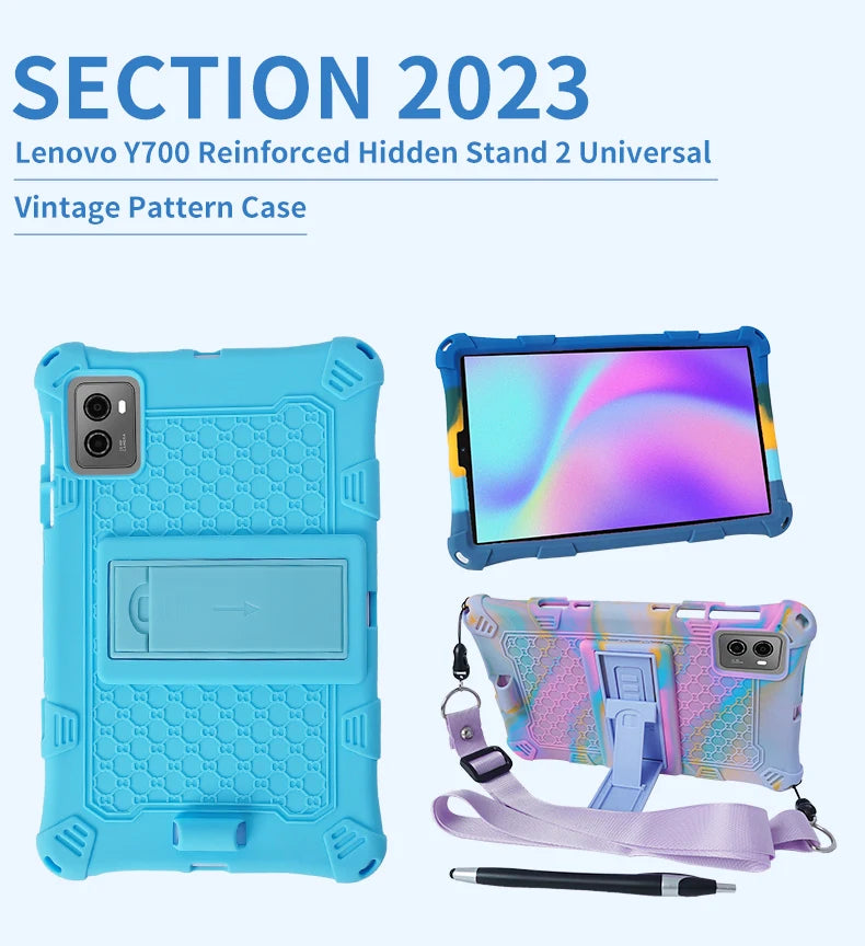 Soft Silicone Stand Case For Lenovo Legion Y700 2022 2023 8.8 inch 360 Rotating Cover Handle Grip Shoulder Strap Vintage Pattern