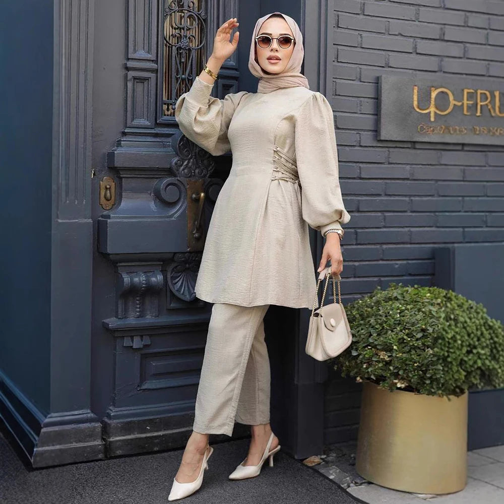 Fashion Women's Muslim Blouse Pant Set Spring Autumn Long Sleeves Ladies Islamic Suit Slim Fit Muslim Clothing Wholesale