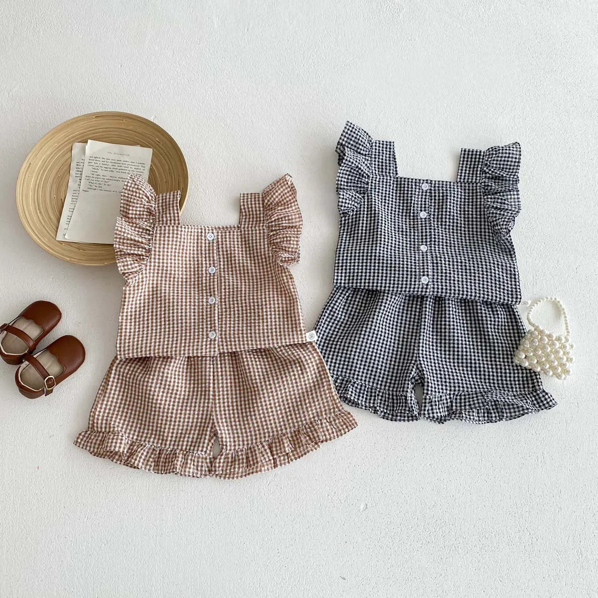 Summer Kids Clothing Set Flying Sleeve Plaid Tee And Shorts 2PCS for Girls Children Outfit Suit