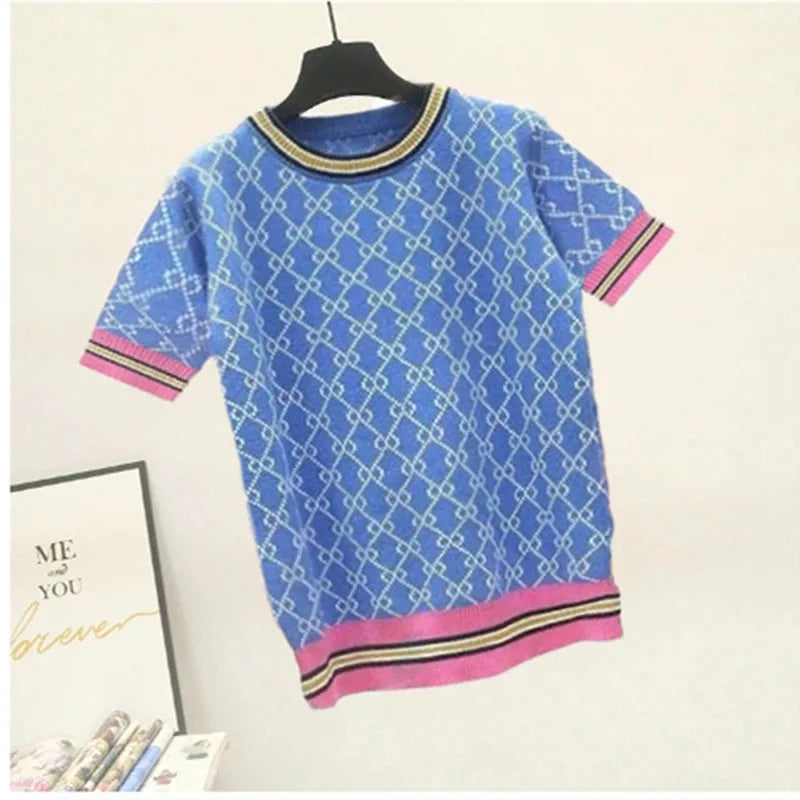New Summer Women Knitted Sweater European Style Cartoon Pattern Fashion Jacquard Round Neck Short Sleeve Casual Jumpers Knitwear