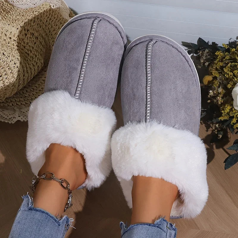 Lucyever 2023 Winter Fur Slippers Women Faux Suede Fluffy Furry Home Slides Woman Comfort Non Slip Indoor Floor Cotton Shoes 45