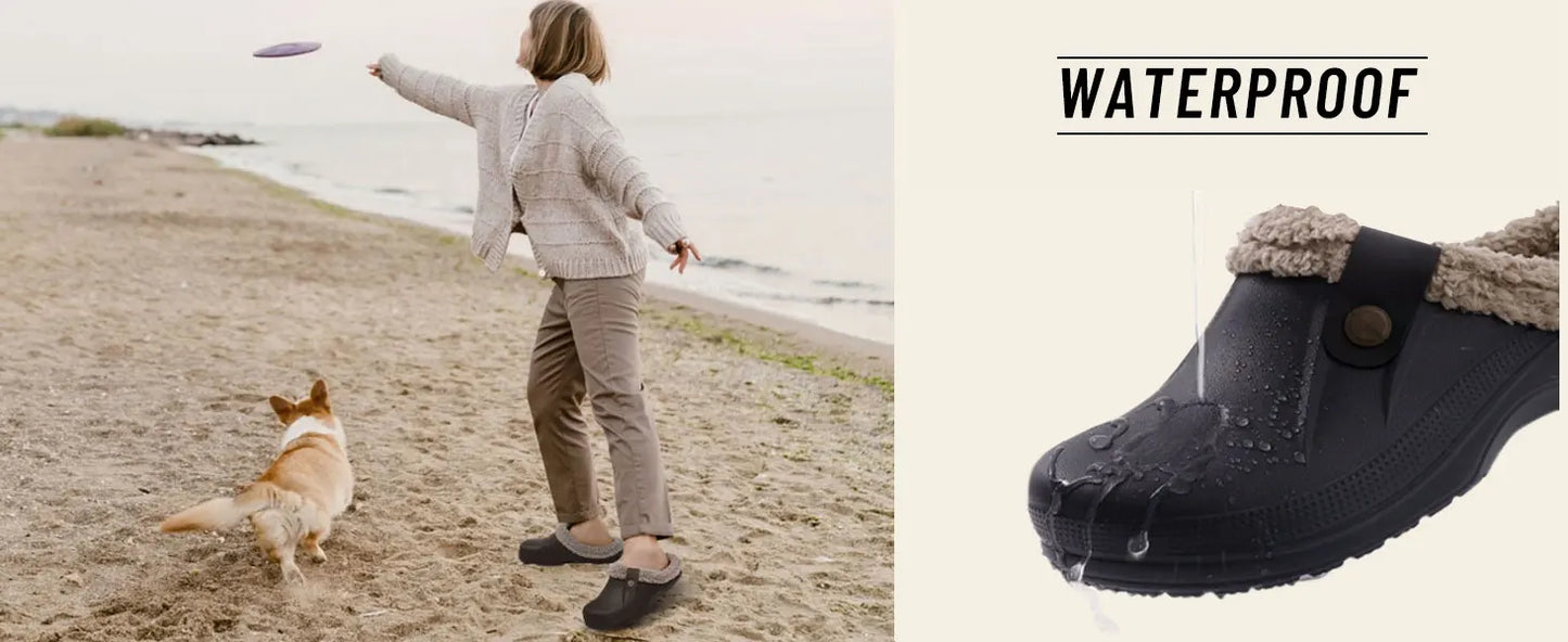 Shevalues Fuzzy Men Clogs Slippers Winter Fur Men Slippers Waterproof Garden Shoes Men Warm House Shoes Anti-slip Fur Slippers