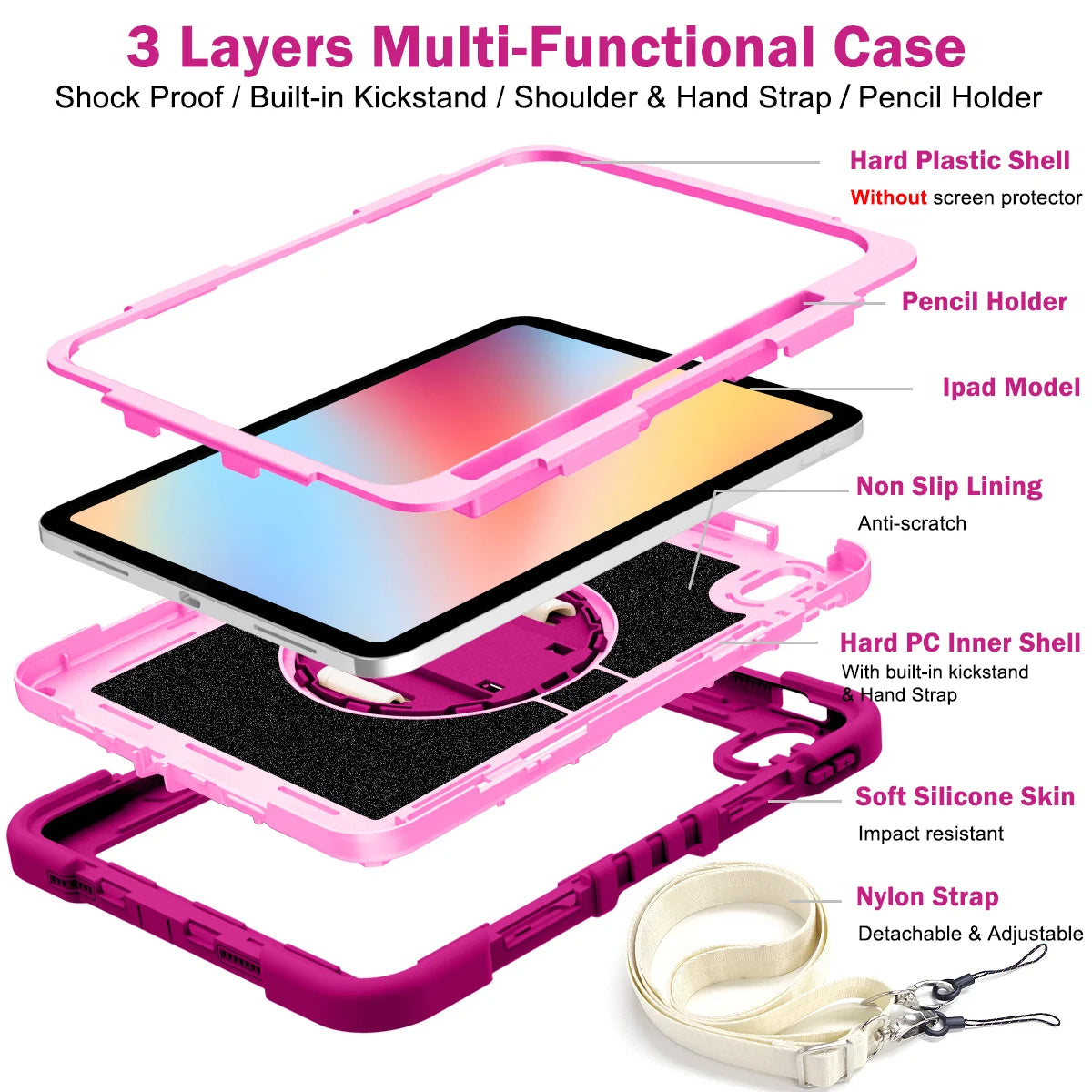 Hand Strap Case For iPad 10.9 2022 9.7 10.2 inch Pro 11 360 Rotating Stand Cover For Mini 6 5 4 Armor Shell Shoulder Strap Funda