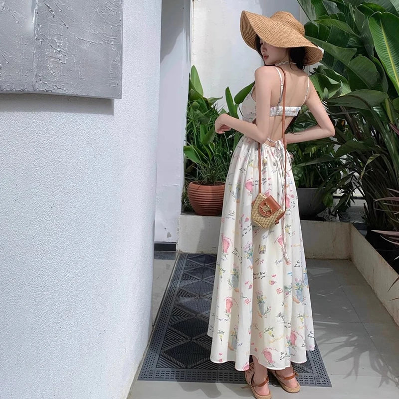 Floral Printed Backless Strap Sundress A Line Long Bohemian Holiday Beach Dress