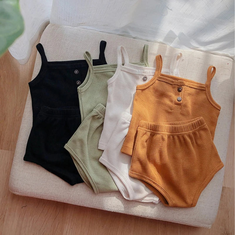 Summer Infant Baby Clothing Set Solid Waffle Boys Girls Vest and Bloomer 2 Pcs Toddler Outfit