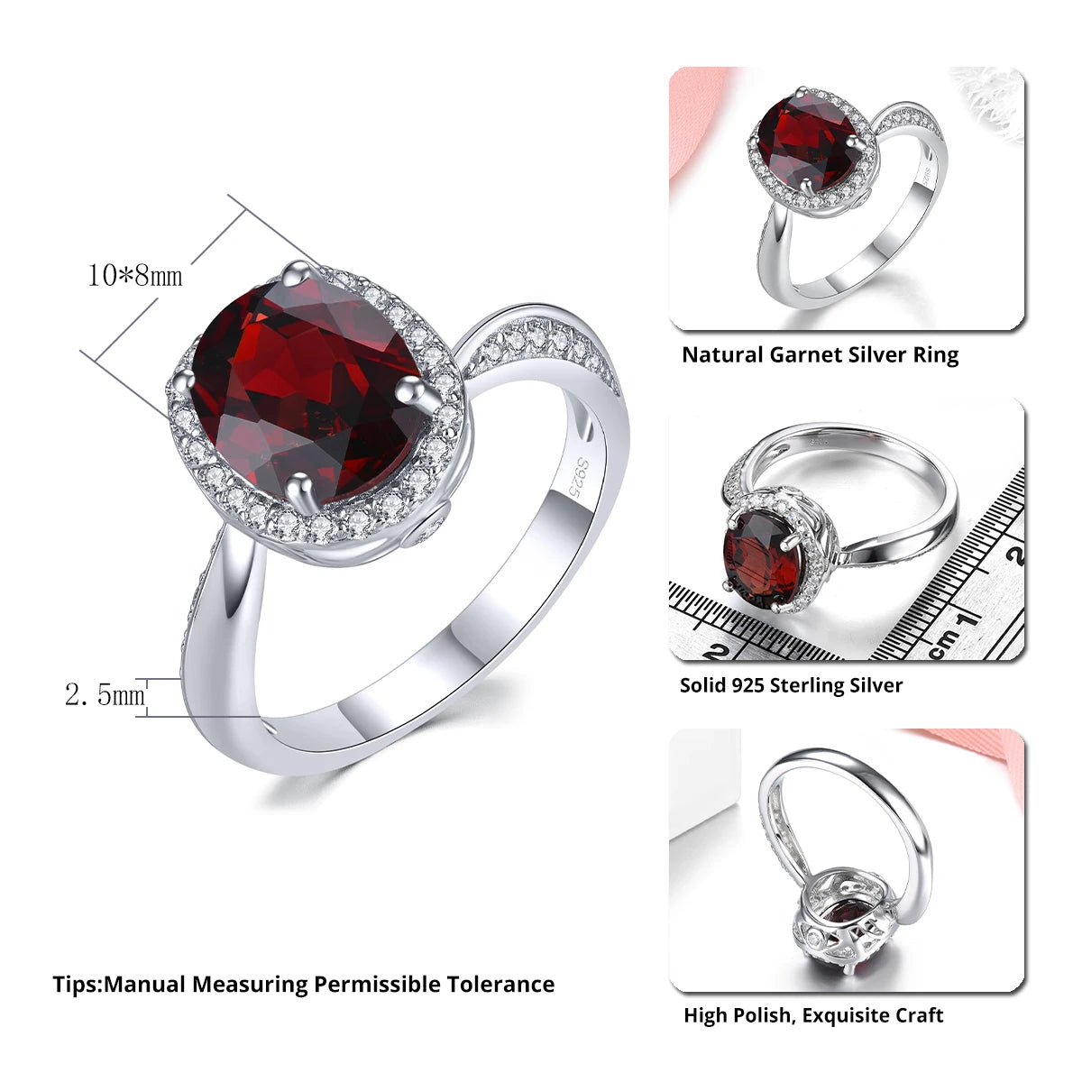 Natural Garnet 925 Sterling Silver Ring 2.8 Carats Genuine Gemstone Birthday Gift Classic Style Fine Jewelry