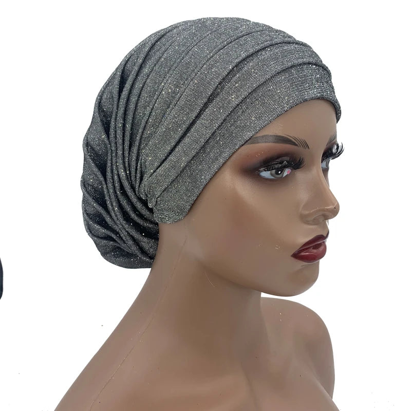 Glitter Full Body Pleated Turban Cap for Women 2023 Lady Head Wraps Muslim Headscarf Hat Turbante Mujer African Headpiece