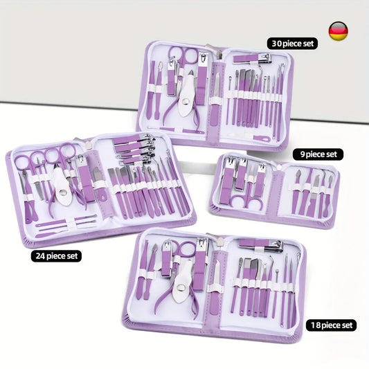 9/18/24/30 PCS Stainless Steel Manicure Set in Dazzling Purple & Blue - Modern Style Nail Clippers with Convex Blade, Non-Scente