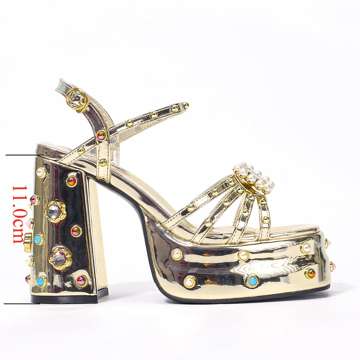 2024 Summer Style Hollow One Word Buckle Rhinestone Sandals High Heel Open Toe Thick Heel Waterproof Platform High Heels