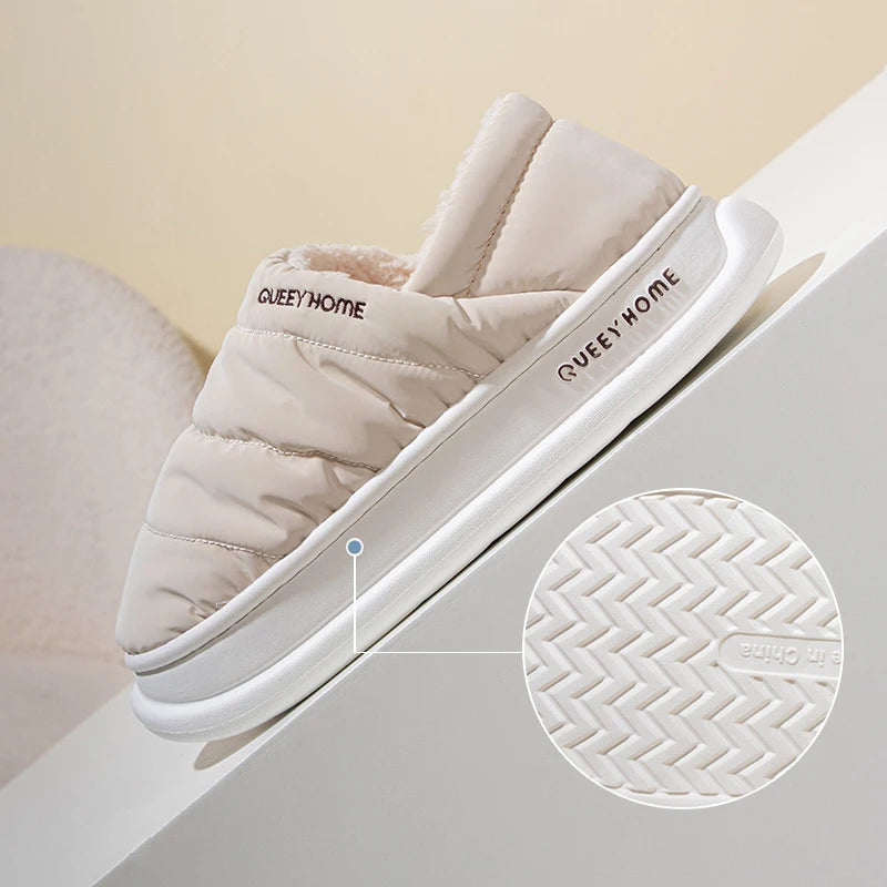 Queey Home Winter Woman Slippers Plush Interior Anti Slip Sole Thick Bottom Waterproof Shoe Upper Closed-Back  Warm Slipper Man