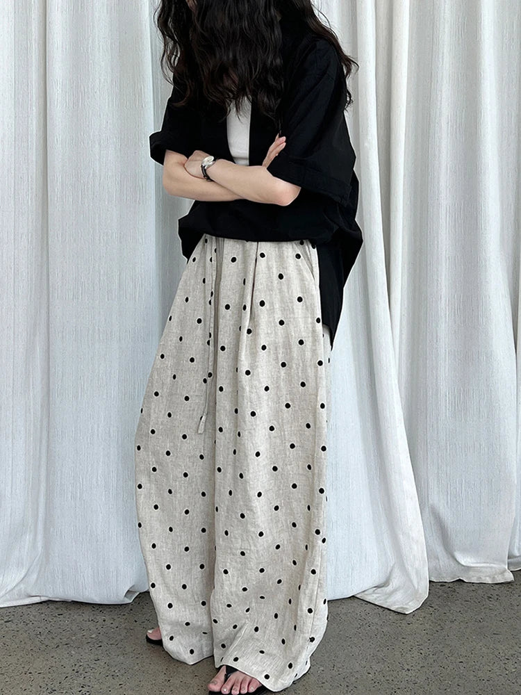 [EAM] High Elastic Waist Linen Dot Embroidery Wide Leg Long Pants New Trousers Women Fashion Tide Spring Autumn 2025 1DJ1548