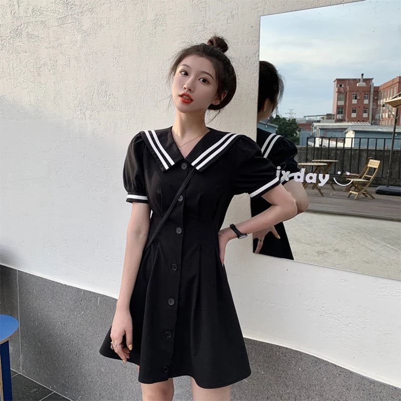 Women Summer Preppy Style Navy Collar V-neck A-line Buttoned Casual Dress