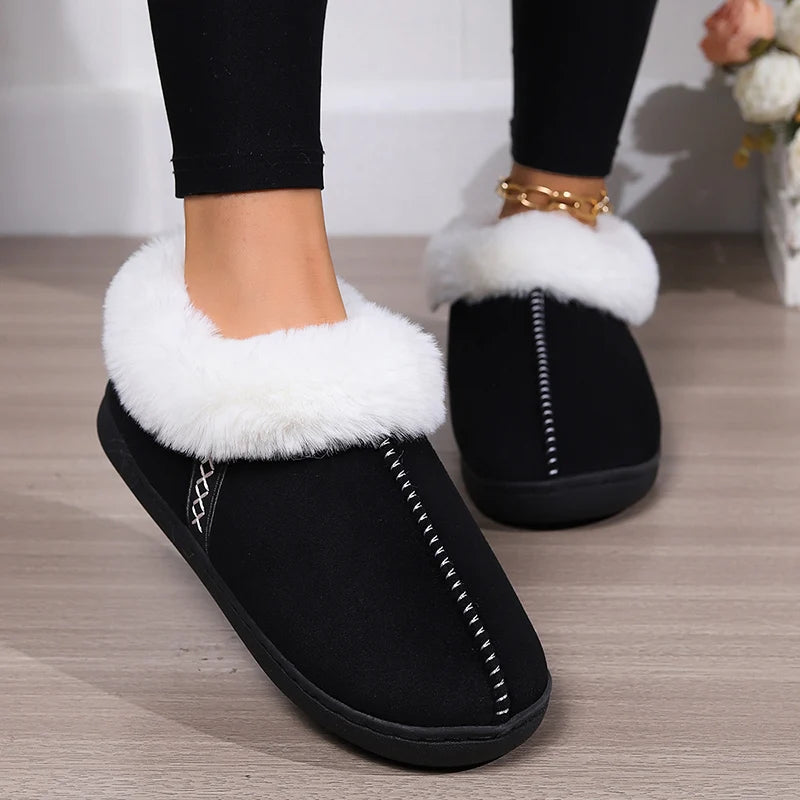 2024 Winter Warm Fur Indoor Home Slippers Women Faux Suede Closed Toe Couple Slippers Woman Comfort Soft Sole House Shoes Slides