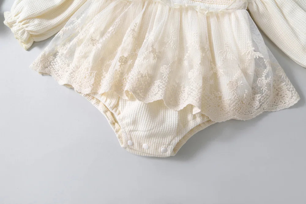 Summer Baby Clothes Infant Waffle Sweet Puff Sleeve Lace Bodysuits Toddler Girls One Piece