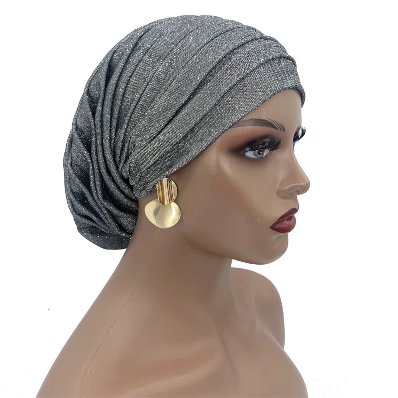 Glitter Full Body Pleated Turban Cap for Women 2023 Lady Head Wraps Muslim Headscarf Hat Turbante Mujer African Headpiece