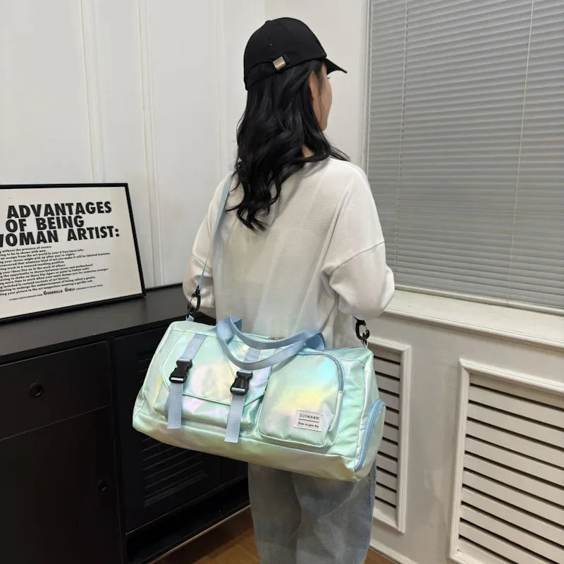 Holographic Glamour Duffel Bag - Spacious,Stylish Shoulder Tote with Shoe Compartment for Effortless Weekend Escapes -