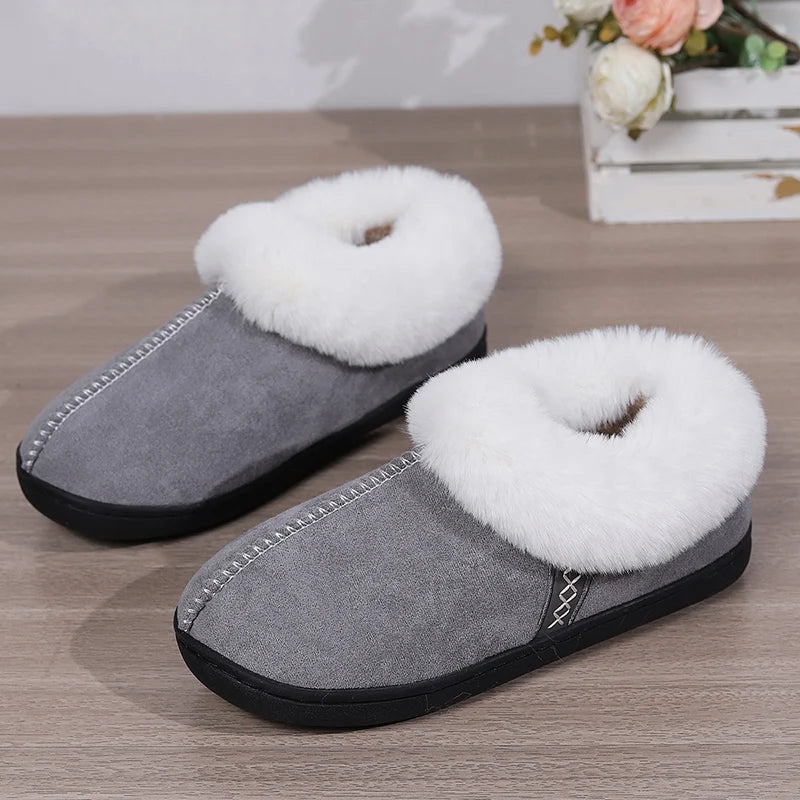 2024 Winter Warm Fur Indoor Home Slippers Women Faux Suede Closed Toe Couple Slippers Woman Comfort Soft Sole House Shoes Slides