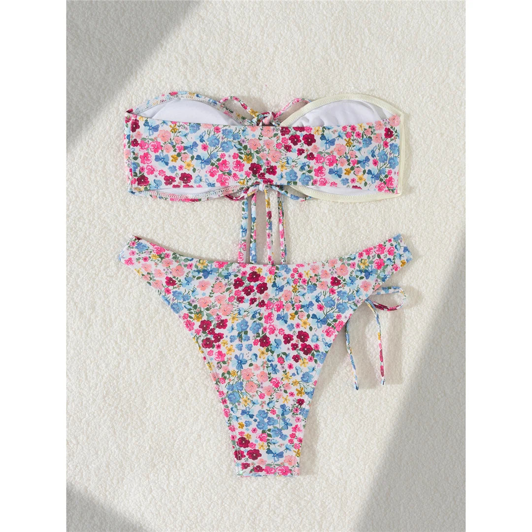 Sexy Flowers Printed Bandeau Splicing Bikini Women Swimwear Female Swimsuit Two-pieces Bikini set Bather Bathing Suit Swim V6029