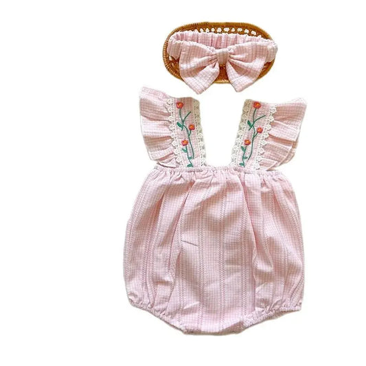 Summer Baby Girls Clothing Toddler bodysuit Plaid Embroidery Flower Jumpsuit with Headband