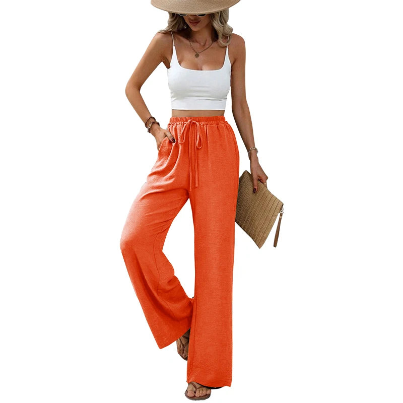 Women's Plain Pocket Tie Front Elastic Waist Straight Leg Pants, Casual High Waist Wide Leg Trousers for Daily Wear, Baggy Pants
