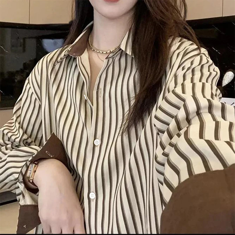 Korean Style Shirts Women Lapel Striped Basic Simple Office Lady Temperament Vintage Popular Daily