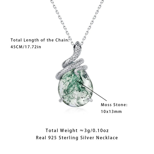 AliMoss 10*13mm Oval Cut Green Moss Agate Snake Necklace 925 Sterling Silver Cubic Zircon Pendant(18+2in) for Women Gifts