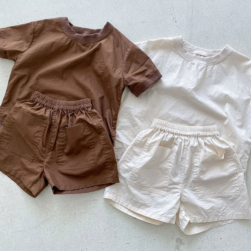 Summer Kids Clothes Set Boys Girls Simple Loose Cotton Short Sleeve Shorts Suit 2 PCS Children Outfit