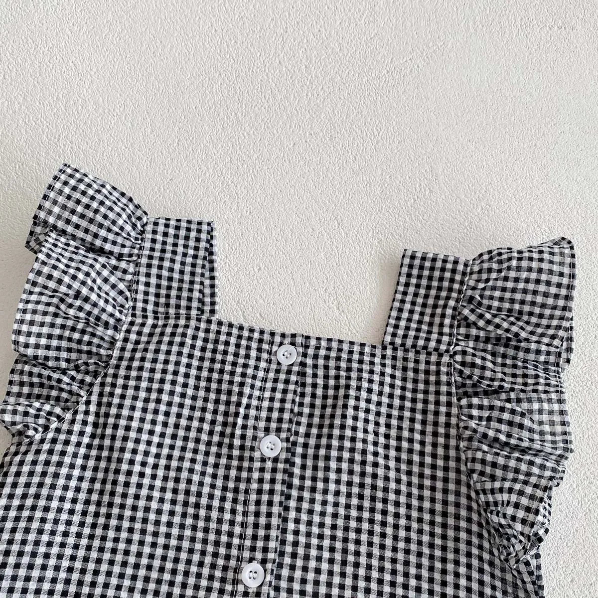 Summer Kids Clothing Set Flying Sleeve Plaid Tee And Shorts 2PCS for Girls Children Outfit Suit