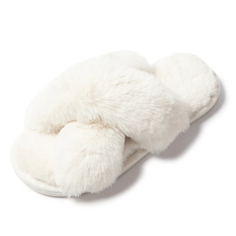 Feslishoet Women Fuzzy Slippers Cross Band Soft Plush Cozy House Shoes Furry Open Toe Indoor Outdoor Slip Warm Anti Skid Sole