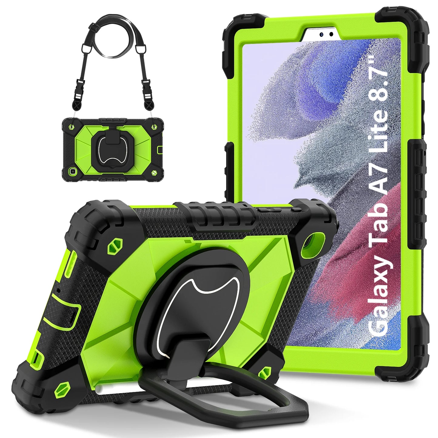 Armor Stand Case For Samsung Galaxy Tab A7 Lite 8.7 2021 SM-T220 SM-T225 Heavy Duty Cover With Neck Strap Rotatble Handle Grip