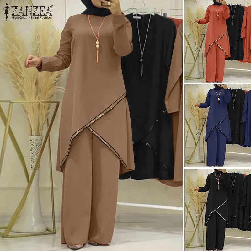 2PCS Women Muslim Sets Fashion Sequins Islamic Clothing Loose Matching Sets Tracksuit Long Sleeve Blouse Abaya Suits