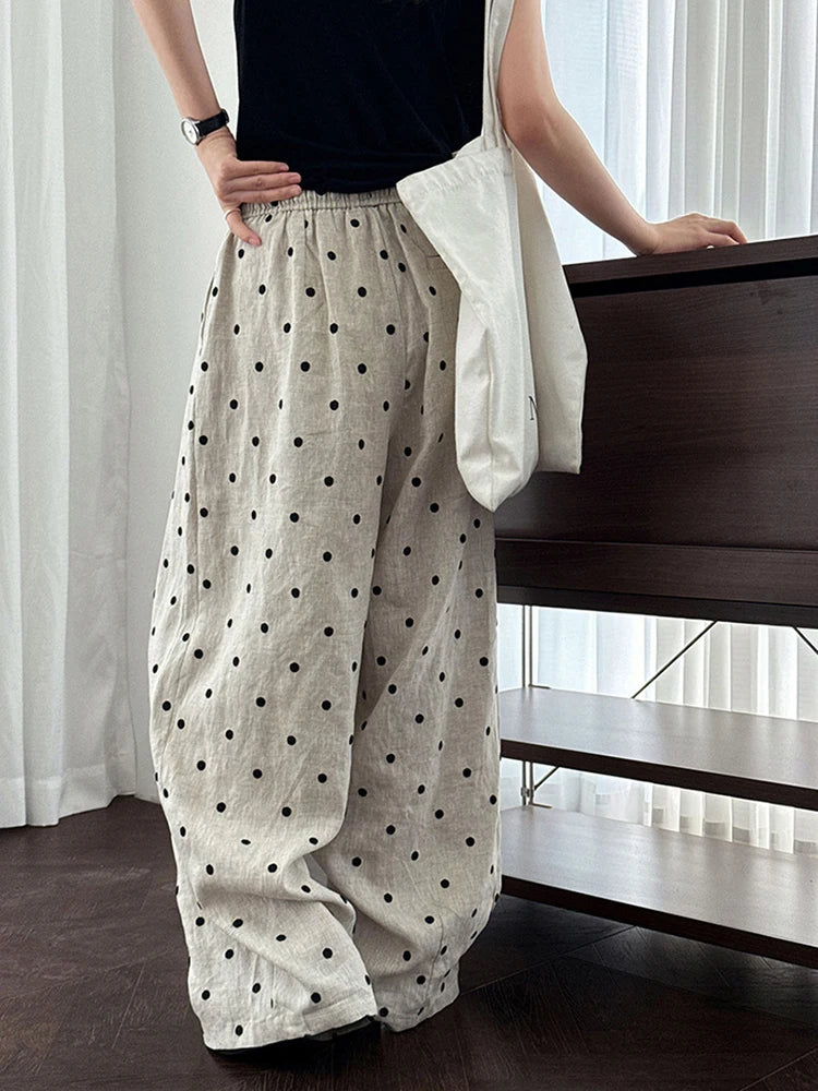 [EAM] High Elastic Waist Linen Dot Embroidery Wide Leg Long Pants New Trousers Women Fashion Tide Spring Autumn 2025 1DJ1548