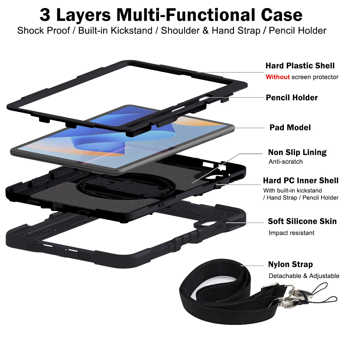 Hand Strap Case For Huawei MatePad 11 2023 SE 10.4 Kickstand 360 Rotating Cover 3 Layers Multi-Functional Shell With Neck Strap