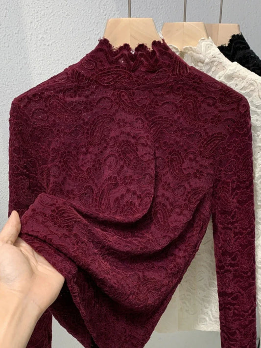 Stand Collar Lace Long Sleeved T-shirt Base Shirt for Women's Autumn and Winter Style French Romantic Mesh Top Elastic Plus Size