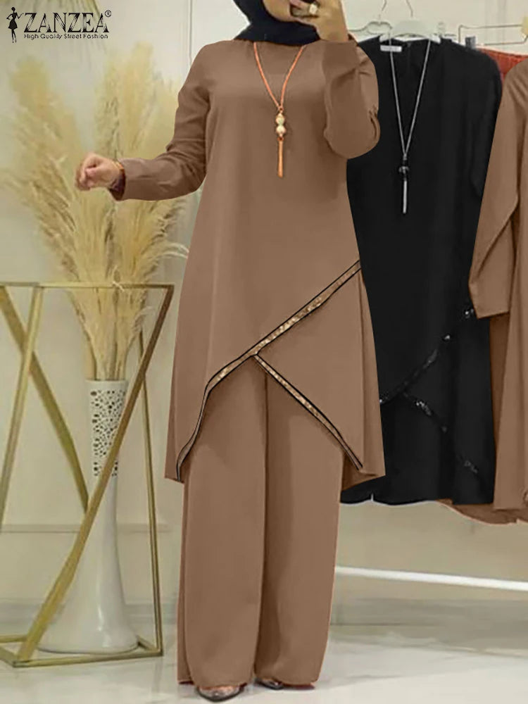 2PCS Women Muslim Sets Fashion Sequins Islamic Clothing Loose Matching Sets Tracksuit Long Sleeve Blouse Abaya Suits