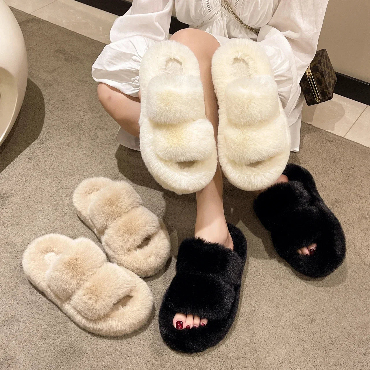 Winter Fluffy Slippers Women 2024 New House Home Fur Slippers For Women Flat Platform Cozy Fuzzy Indoor Shoes Korean Slides