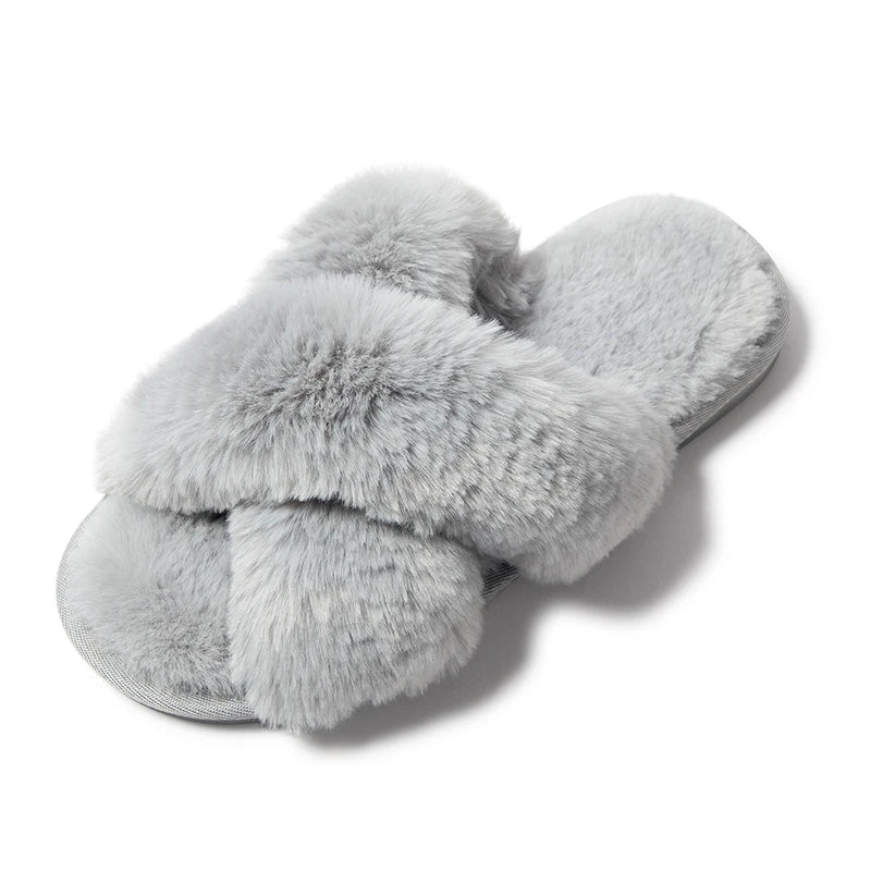 Feslishoet Women Fuzzy Slippers Cross Band Soft Plush Cozy House Shoes Furry Open Toe Indoor Outdoor Slip Warm Anti Skid Sole