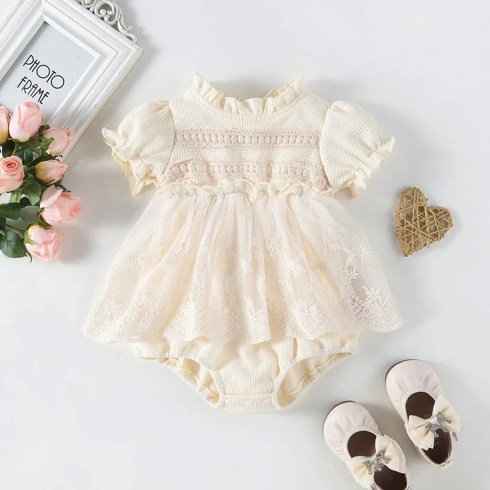 Summer Baby Clothes Infant Waffle Sweet Puff Sleeve Lace Bodysuits Toddler Girls One Piece