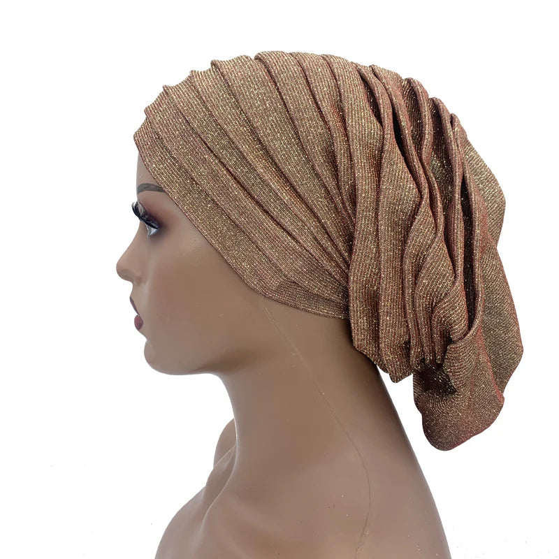 Glitter Full Body Pleated Turban Cap for Women 2023 Lady Head Wraps Muslim Headscarf Hat Turbante Mujer African Headpiece