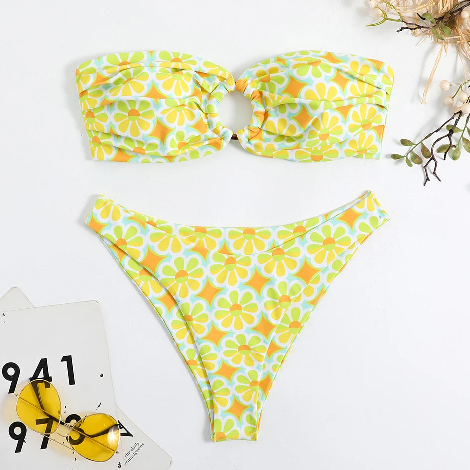 Sexy Floral Bikinis Bandeau Swimsuit for Woman 2025 Female Swimwear Women Thong Bikini Set Summer Swim Beach Wear Bathing Suits