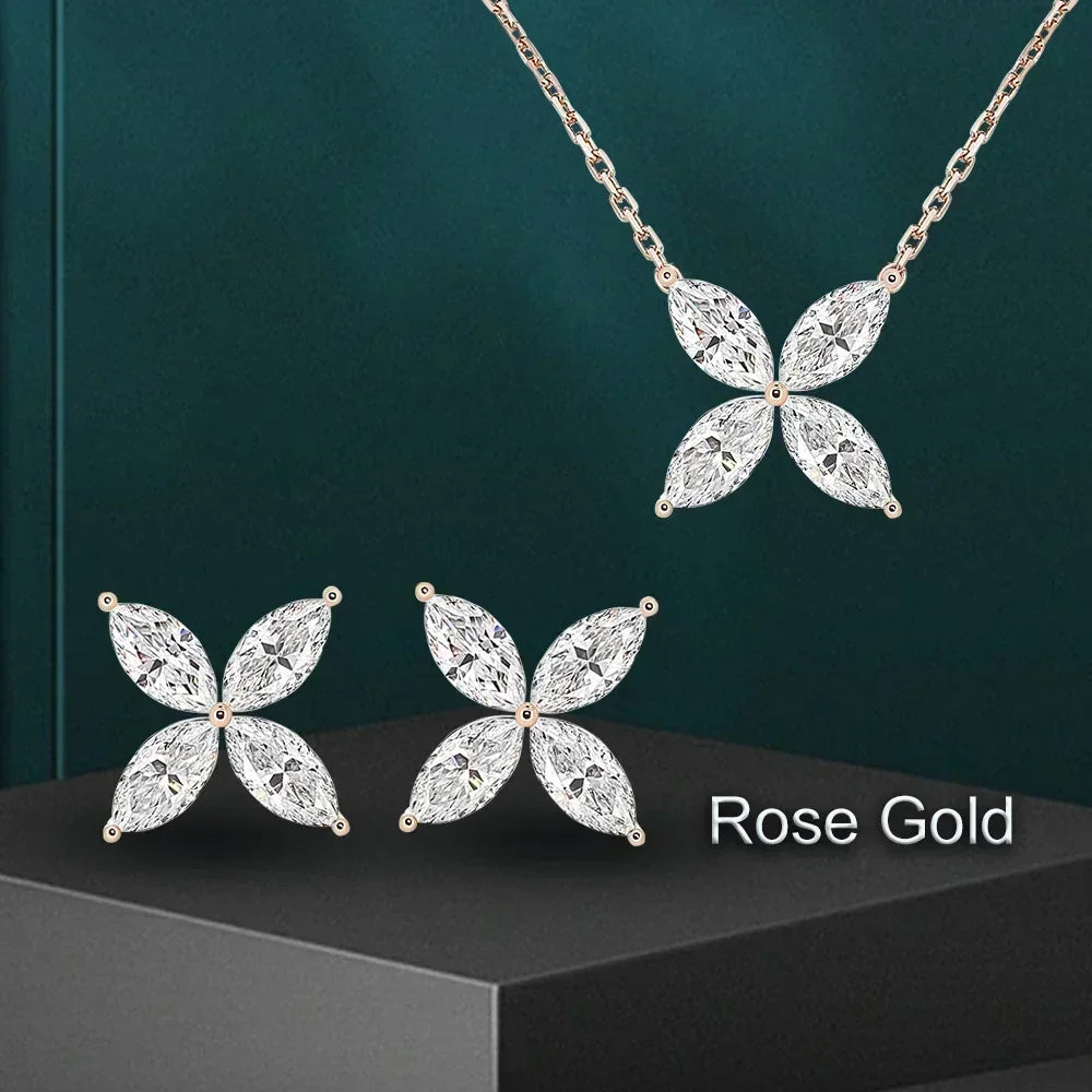 Butterfly Moissanite Jewelry Sets for Women 925 Silver Marquise Cut Diamond Pendant Necklace Stud Earrings with Certificates