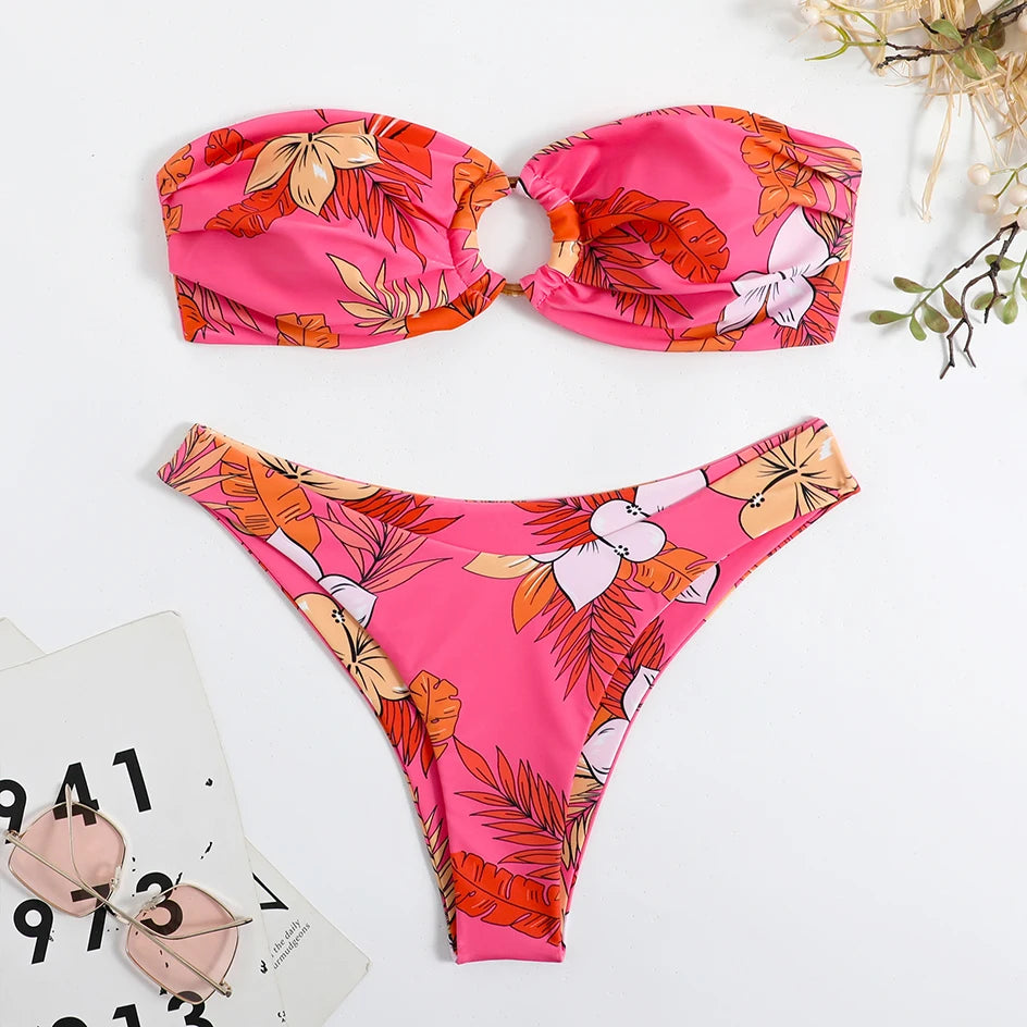 Sexy Floral Bikinis Bandeau Swimsuit for Woman 2025 Female Swimwear Women Thong Bikini Set Summer Swim Beach Wear Bathing Suits